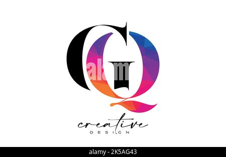 GQ Letter Design with Creative Cut and Colorful Rainbow Texture. QG Letter Icon Vector Logo with Serif Font and Minimalist Style. Stock Vector