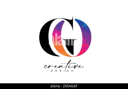GO Letter Design with Creative Cut and Colorful Rainbow Texture. OG Letter Icon Vector Logo with Serif Font and Minimalist Style. Stock Vector