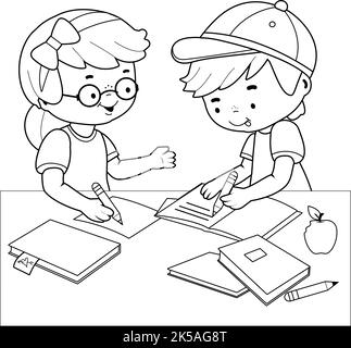 Children doing their homework on a desk. Vector black and white coloring page. Stock Vector