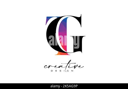 TG Letter Design with Creative Cut and Colorful Rainbow Texture. GT Letter Icon Vector Logo with Serif Font and Minimalist Style. Stock Vector