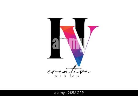 HV Letter Design with Creative Cut and Colorful Rainbow Texture. VH Letter Icon Vector Logo with Serif Font and Minimalist Style. Stock Vector