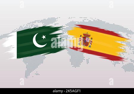 Pakistan VS Spain flags. Islamic Republic of Pakistan VS Spain flags, isolated on grey world map background. Vector illustration. Stock Vector