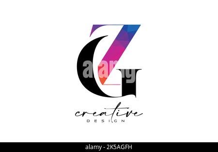 GZ Letter Design with Creative Cut and Colorful Rainbow Texture. ZG Letter Icon Vector Logo with Serif Font and Minimalist Style. Stock Vector