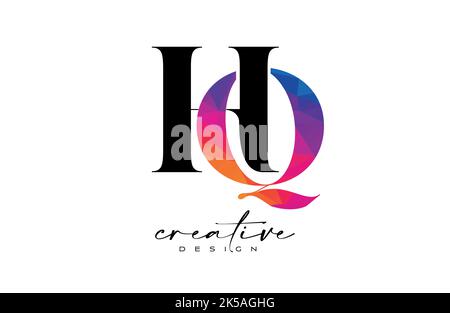 HQ Letter Design with Creative Cut and Colorful Rainbow Texture. QH Letter Icon Vector Logo with Serif Font and Minimalist Style. Stock Vector