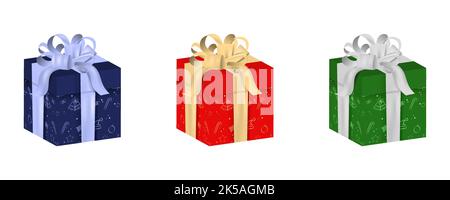 Christmas gifts isolated on white background in three color variations with ribbon and doodle pattern. Stock Vector