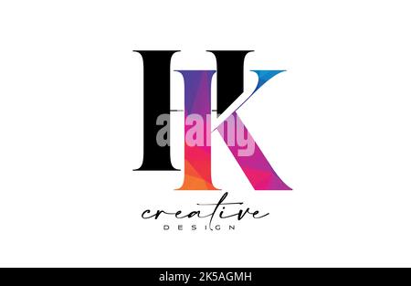HK Letter Design with Creative Cut and Colorful Rainbow Texture. KH Letter Icon Vector Logo with Serif Font and Minimalist Style. Stock Vector