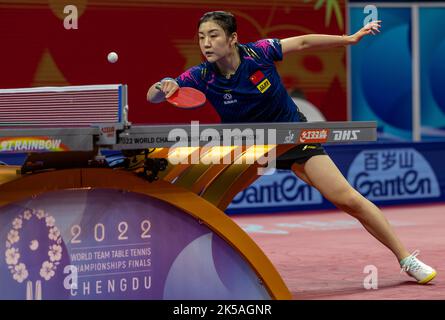 CHENGDU, CHINA - OCTOBER 7, 2022 - Chen Meng of China competes against Li Yu-jhun of Chinese Taipei during the Women's match between China and Chinese Stock Photo