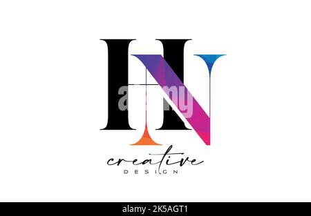 HN Letter Design with Creative Cut and Colorful Rainbow Texture. NH Letter Icon Vector Logo with Serif Font and Minimalist Style. Stock Vector
