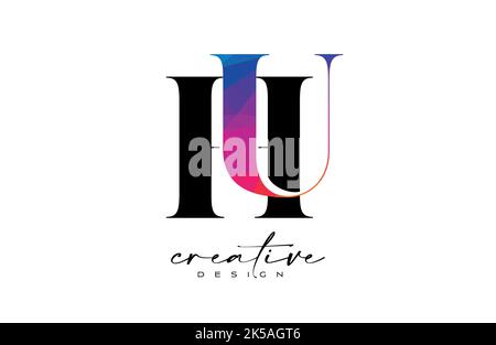 HU Letter Design with Creative Cut and Colorful Rainbow Texture. UH Letter Icon Vector Logo with Serif Font and Minimalist Style. Stock Vector