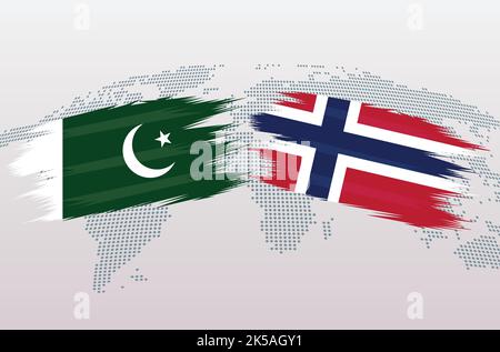 Pakistan VS Norway flags. Islamic Republic of Pakistan VS Norway flags, isolated on grey world map background. Vector illustration. Stock Vector