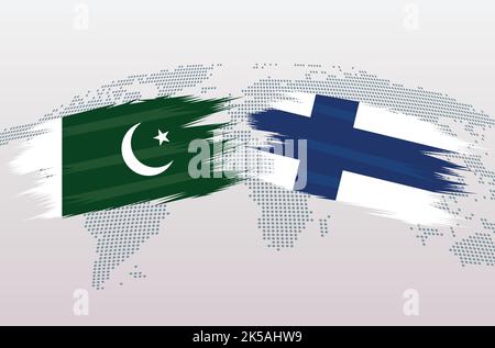 Pakistan VS Finland flags. Islamic Republic of Pakistan VS Finland flags, isolated on grey world map background. Vector illustration. Stock Vector