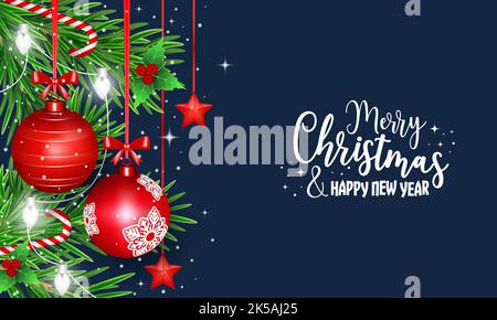 Christmas and New Year greeting card with christmas hanging decorations on dark blue background. Red and silver ribbons, lights, and green branches. Stock Vector