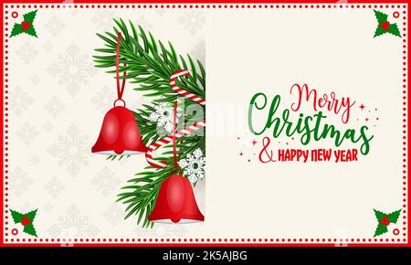 Christmas greeting card. Hanging red holiday bells with ribbon on green pine needles, with snowflakes, magic wands and decorative pattern. Stock Vector