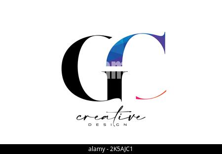 GC Letter Design with Creative Cut and Colorful Rainbow Texture. GC Letter Icon Vector Logo with Serif Font and Minimalist Style. Stock Vector