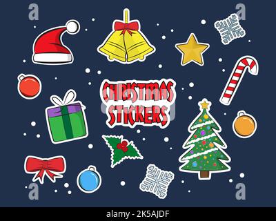 Set of Christmas doodle vector cartoon stickers. Stock Vector