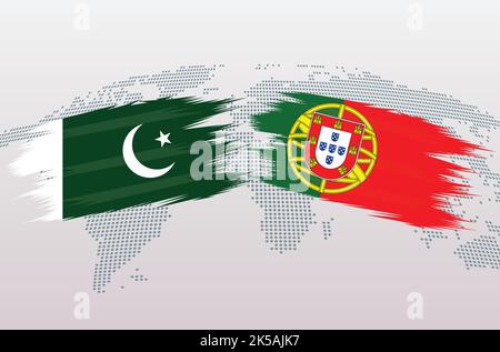 Pakistan VS Portugal flags. Islamic Republic of Pakistan VS Portugal flags, isolated on grey world map background. Vector illustration. Stock Vector