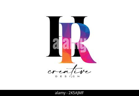 HR Letter Design with Creative Cut and Colorful Rainbow Texture. RH Letter Icon Vector Logo with Serif Font and Minimalist Style. Stock Vector