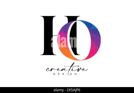 HO Letter Design with Creative Cut and Colorful Rainbow Texture. OH Letter Icon Vector Logo with Serif Font and Minimalist Style. Stock Vector