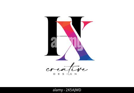 HX Letter Design with Creative Cut and Colorful Rainbow Texture. XH Letter Icon Vector Logo with Serif Font and Minimalist Style. Stock Vector