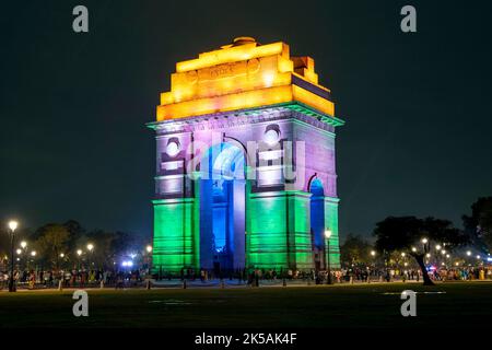 NEW DELHI - SEP 17: The India Gate or All India War Memorial with illuminated in New Delh, on September 17. 2022 in India Stock Photo