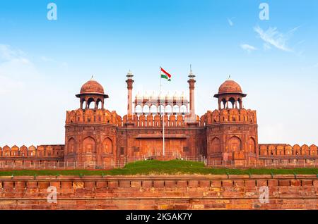 View of the Red Fort, Lahori Gate during sunny summer day in New Delhi, India Stock Photo