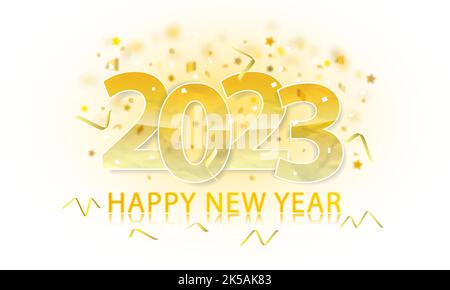 Happy New Year 2023. Golden greeting card with blurry decoration and confetti. Stock Vector