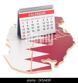 Desk calendar on the map of Qatar. 3D rendering isolated on white background Stock Photo