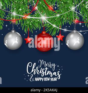 Christmas and New Year greeting card with christmas hanging decorations on dark blue background. Red and silver ribbons, lights, Christmas branches. Stock Vector