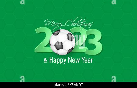 Soccer New Year 2023 greeting card with ball, decorative background and 3d headline. Stock Vector