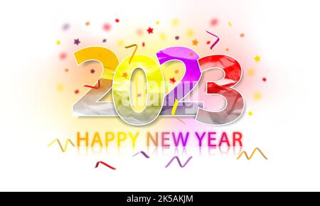 Happy New Year 2023. Multicolored greeting card with decoration and confetti. Stock Vector