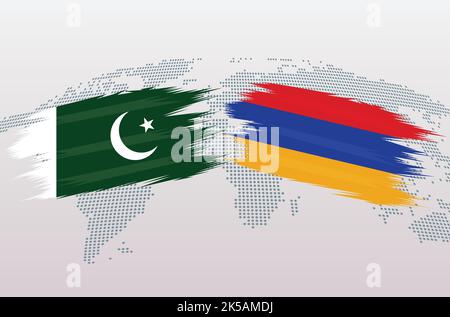 Pakistan VS Armenia flags. Islamic Republic of Pakistan VS Armenia flags, isolated on grey world map background. Vector illustration. Stock Vector
