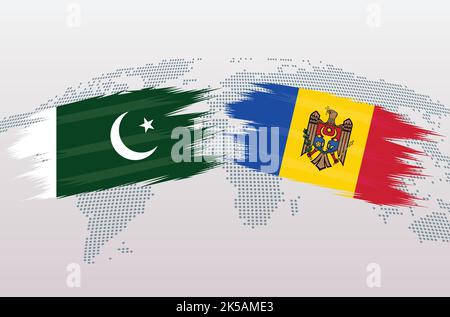 Pakistan VS Moldova flags. Islamic Republic of Pakistan VS Moldova flags, isolated on grey world map background. Vector illustration. Stock Vector
