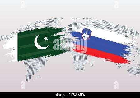 Pakistan VS Slovenia flags. Islamic Republic of Pakistan VS Slovenia flags, isolated on grey world map background. Vector illustration. Stock Vector