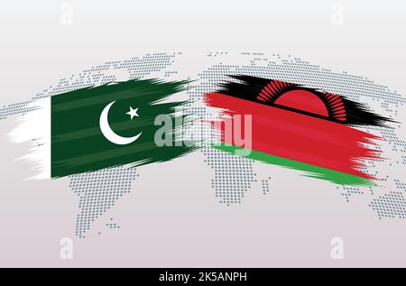 Pakistan VS Malawi flags. Islamic Republic of Pakistan VS Malawi flags, isolated on grey world map background. Vector illustration. Stock Vector