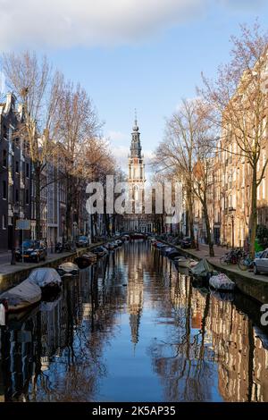 Church over the canals in Amsterdam Netherlands Stock Photo