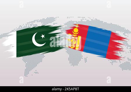 Pakistan VS Mongolia flags. Islamic Republic of Pakistan VS Mongolian flags, isolated on grey world map background. Vector illustration. Stock Vector