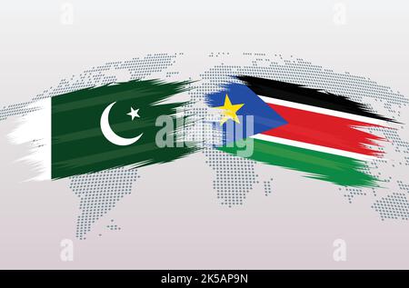 Pakistan VS South Sudan flags. Islamic Republic of Pakistan VS South Sudan flags, isolated on grey world map background. Vector illustration. Stock Vector