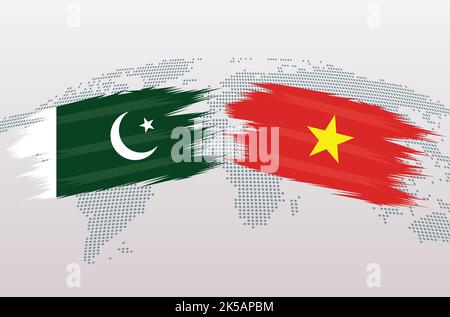 Pakistan VS Vietnam flags. Islamic Republic of Pakistan VS Vietnam flags, isolated on grey world map background. Vector illustration. Stock Vector