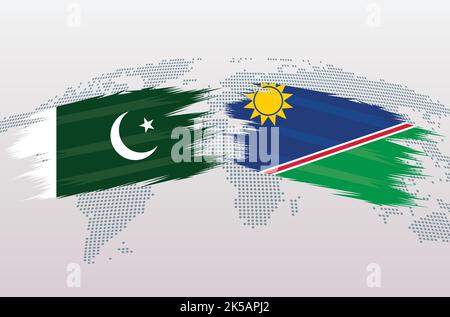 Pakistan VS Namibia flags. Islamic Republic of Pakistan VS Namibian flags, isolated on grey world map background. Vector illustration. Stock Vector