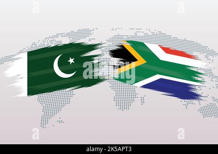 Pakistan VS South Africa flags. Islamic Republic of Pakistan VS South African flags, isolated on grey world map background. Vector illustration. Stock Vector