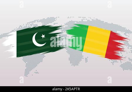 Pakistan VS Mali flags. Islamic Republic of Pakistan VS Mali flags, isolated on grey world map background. Vector illustration. Stock Vector
