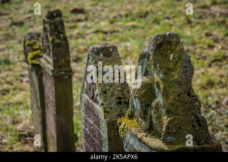 A close up of mossy gravestones Stock Photo