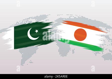 Pakistan VS Niger flags. Islamic Republic of Pakistan VS Niger flags, isolated on grey world map background. Vector illustration. Stock Vector