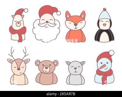 Cute winter characters set vintage. Collection colored doodle christmas drawn animals. Reindeer, fox, bear, northern bear, penguin, santa, snowman Stock Vector