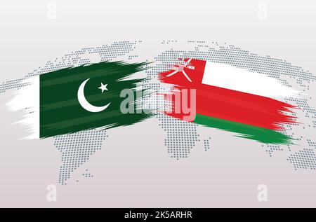 Pakistan VS Oman flags. Islamic Republic of Pakistan VS Oman flags, isolated on grey world map background. Vector illustration. Stock Vector