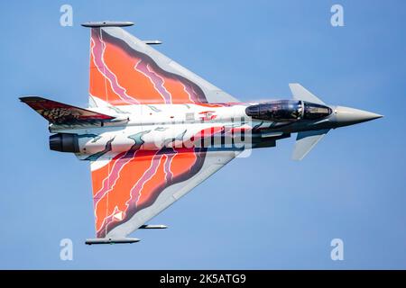 Zeltweg, Austria - September 3, 2022: Austrian Air Force Eurofighter Typhoon. Military fighter jet plane at air base. Flight operation. Aviation and a Stock Photo