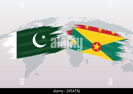 Pakistan VS Grenada flags. Islamic Republic of Pakistan VS Grenada flags, isolated on grey world map background. Vector illustration. Stock Vector