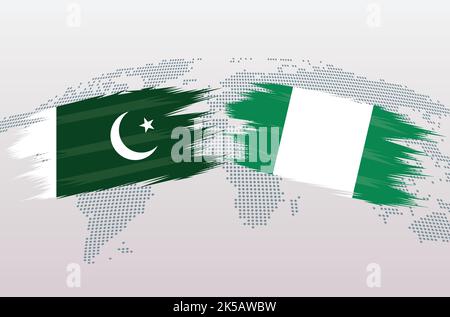 Pakistan VS Nigeria flags. Islamic Republic of Pakistan VS Nigerian flags, isolated on grey world map background. Vector illustration. Stock Vector
