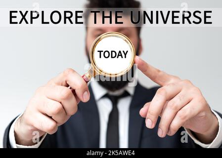 Hand writing sign Explore The Universe. Business showcase Space and Scientific discovery of the galaxies Stock Photo