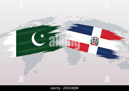 Pakistan VS Dominican Republic flags. Islamic Republic of Pakistan VS Dominican flags, isolated on grey world map background. Vector illustration. Stock Vector